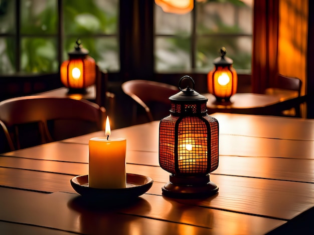 Światło świecy z dekoracyjną islamską lampą na drewnianym stole tworzy idealną atmosferę dla Ramadanu lub Eid Copy Space