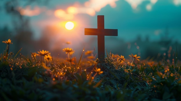Światło świtu rzuca sylwetkę chrześcijańskiego krzyża na trawie pokojowy i pełen nadziei AI Generative