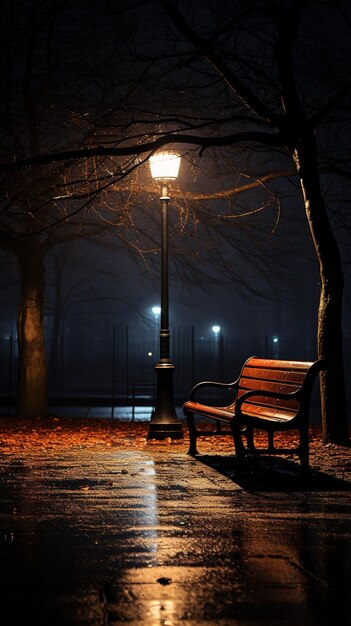 Światło uliczne w pustym parku miejskim Ławka w deszczowej nocy