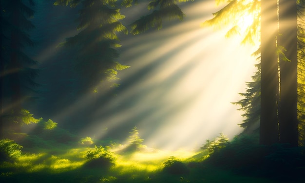 Światło w lesie ze słońcem świecącym przez drzewa