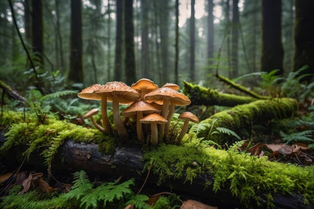 Światłowe grzyby na mchowym drewnie w lesie
