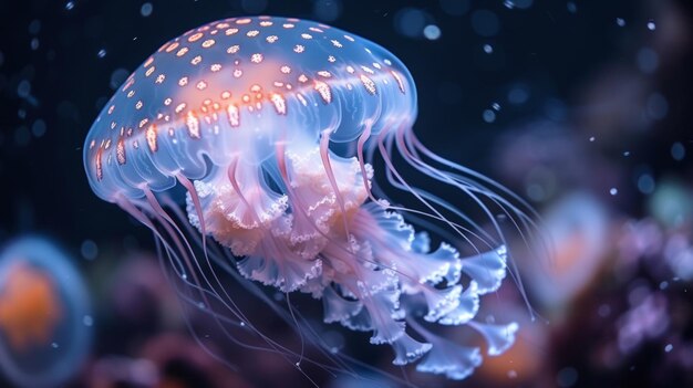 Światłowe meduzy dryfują w głębokim niebieskim morzu