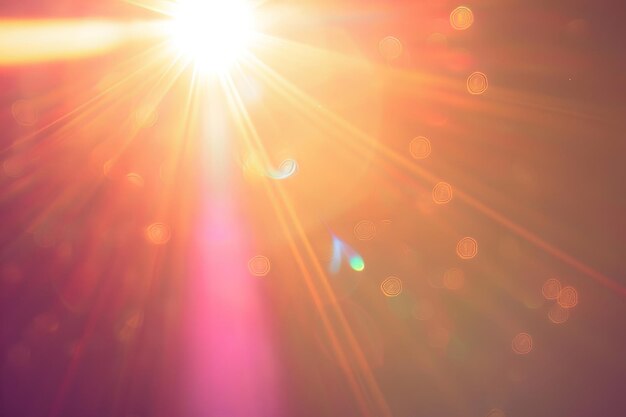 Światłowe promienie i bokeh z zachodem słońca na tle i przezroczystym blaskiem dla kolorowego efektu tęczy