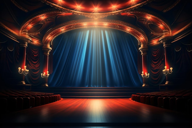 Światłowe tło sceny teatralnej z reflektorami oświetlona scena do przedstawienia opery Pusta scena