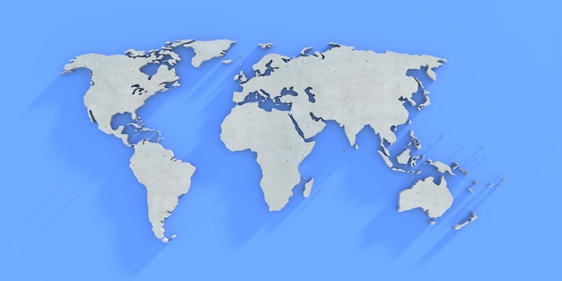Światowa mapa na betonowej błękitnej ścianie morza tło tekstura 3d ilustraci