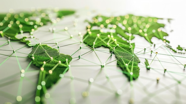 Zdjęcie Światowa mapa z połączonymi ze sobą zielonymi węzłami wyświetlającymi korporacyjne inicjatywy zrównoważonego rozwoju na całym świecie