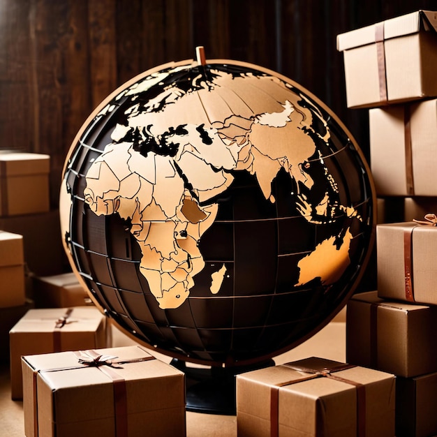 Światowa międzynarodowa logistyka i dostawy przedstawione przez globus otoczony kartonowymi pudełkami