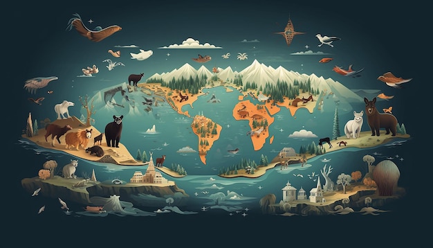 Zdjęcie Światowy dzień dzikiej przyrody mapa świata z różnymi ikonami zwierząt