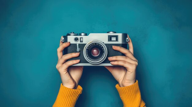Światowy Dzień Fotografa Trzymaj aparat retro w ręku na neutralnym tle Drukowanie na papierze i tkaninach generatywne ai
