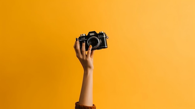 Światowy dzień fotografii ręce trzymające aparat na białym tle Generative Ai