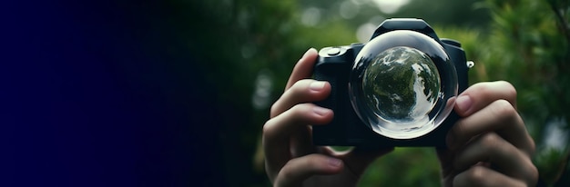 Światowy dzień fotografii vintage aparat w rękach na tle profesjonalne hobby AI generowane