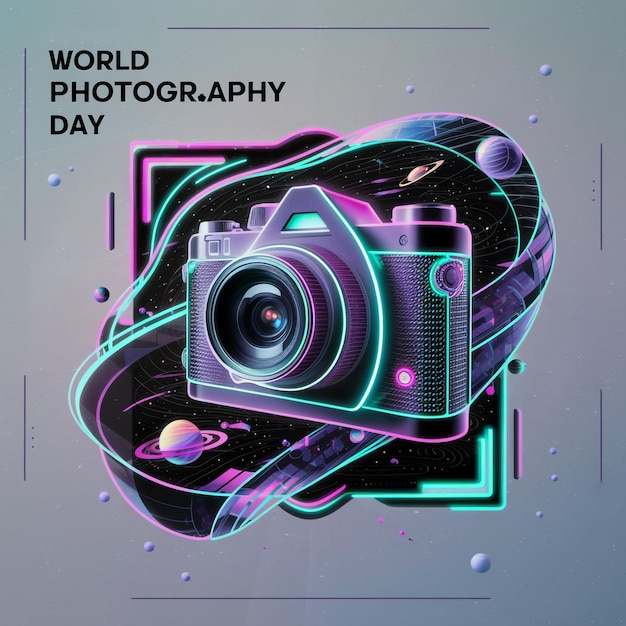 Światowy Dzień Fotografii z kolorowymi neonowymi światłami aparatu w gradientowym tle