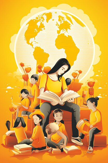 Światowy Dzień Książki z dziećmi czytającymi książki w bibliotece Yell Międzynarodowy Dzień Kreatywna sztuka plakatów