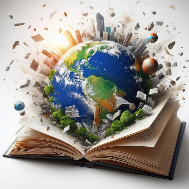 Światowy Dzień Książki Ziemia wychodzi z książki odizolowanej na białym tle