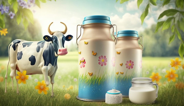 Światowy Dzień Mleka Butelka mleka krowiego i krowa na polu Generative Ai