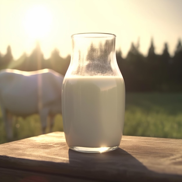 Światowy Dzień Mleka Butelka mleka lub słoik na drewnianym stole Generative Ai