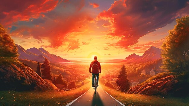 Światowy Dzień Rowerów koncepcja jazdy na rowerze tło zachód słońca
