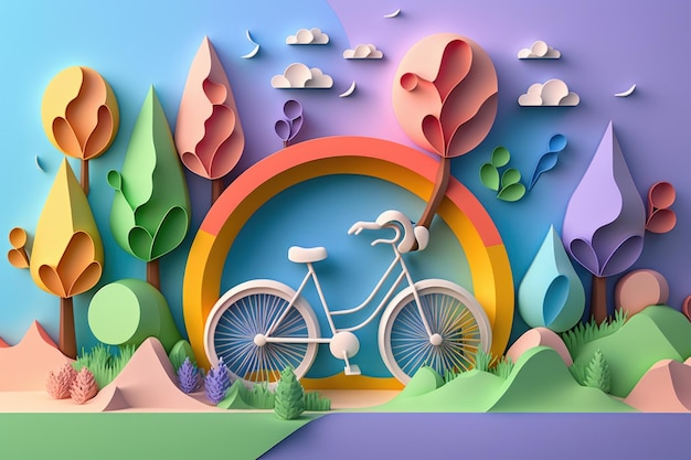 Światowy dzień roweru kolorowe tło w stylu cięcia papieru Koncepcja ekologicznego roweru Generative AI