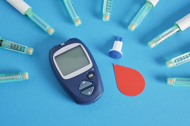 Światowy dzień świadomości cukrzycy strzykawka z insuliną i glukometr z kroplą krwi