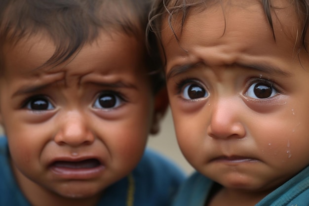 Światowy Dzień Uchodźcy Dwoje dzieci patrzących w kamerę, z których jedno płacze