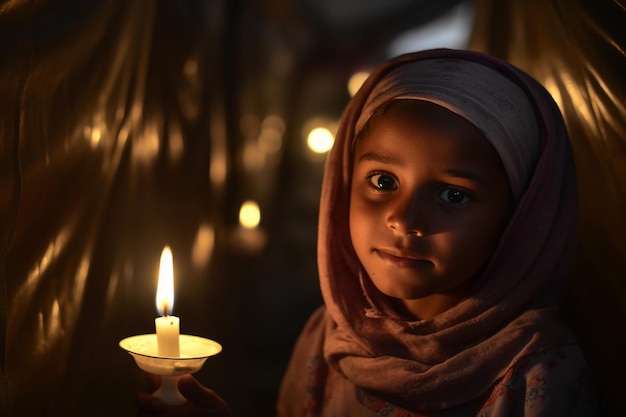 Światowy Dzień Uchodźcy Dziewczyna trzyma świecę w ciemnym pokoju