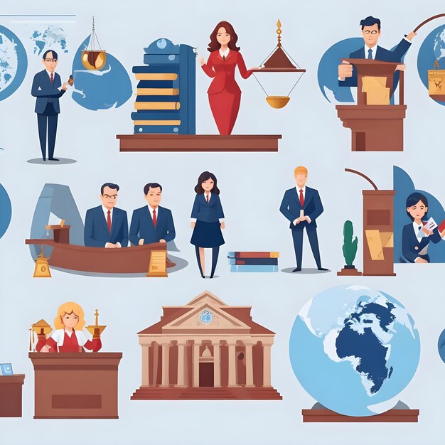 Zdjęcie Światowy dzień usług prawnych prawnik trybunał i sprawiedliwość ilustracja kreskówka płaska ai generuje obrazy
