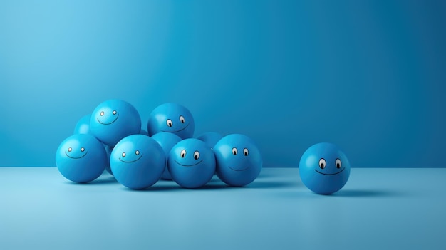 Światowy Dzień Uśmiechu Niebieskie kulki z namalowanymi uśmiechami na niebieskim tle Generatywna sztuczna inteligencja