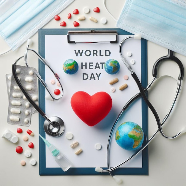 Światowy Dzień Zdrowia Clipboard ze stetoskopemHeart Planet Earth maska medyczna i pigułki na świetle