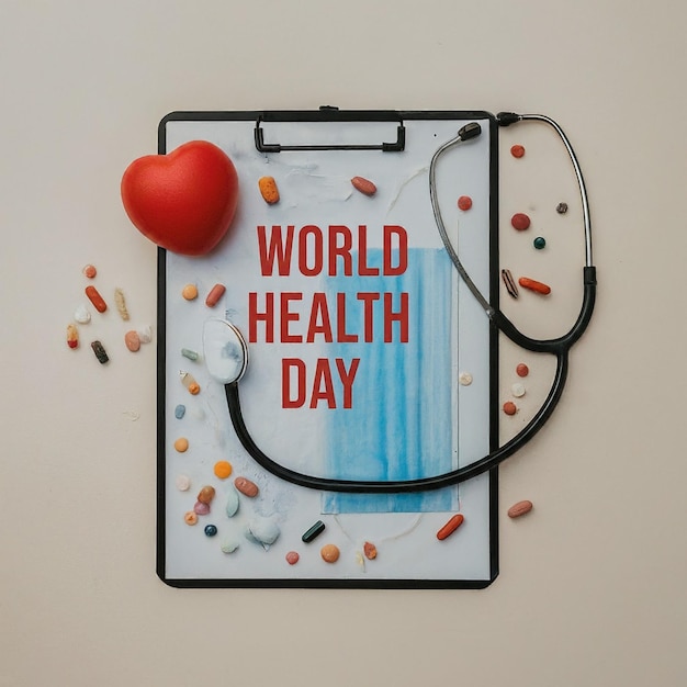 Światowy Dzień Zdrowia Clipboard ze stetoskopemHeart Planet Earth maska medyczna i pigułki na świetle