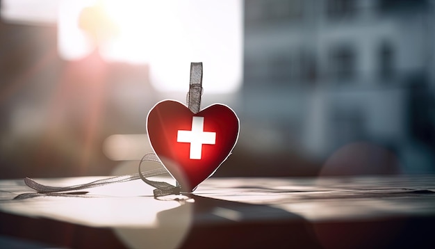 Światowy Dzień Zdrowia Czerwone serce spoczywa na drewnianym stole na tle rozmycia