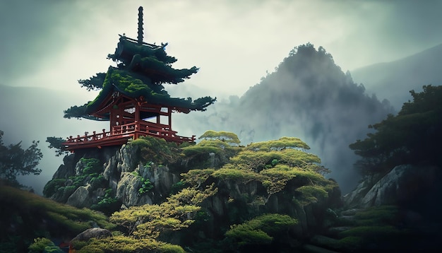 Świątynia w stylu japońskim na szczycie mglistej, zarośniętej góry
