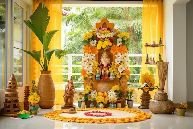 świątynia z kwiatami i posągiem bóstwa