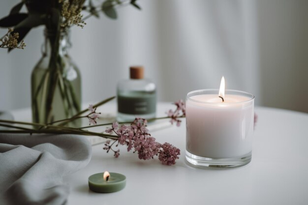 Świeca aromatyczna na stole Ciepła kompozycja estetyczna z suchymi kwiatami Przytulny dom, komfort, relaks i koncepcja wellness Makietka dekoracji wnętrz