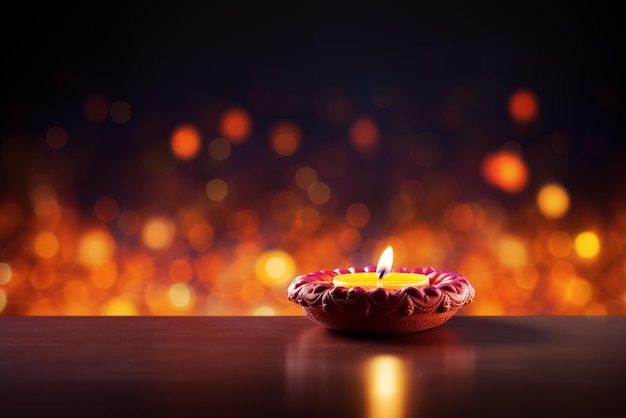 Zdjęcie Świeca festiwalowa diwali lub deepavali na stole w ciemnym tle nocnego bokeh