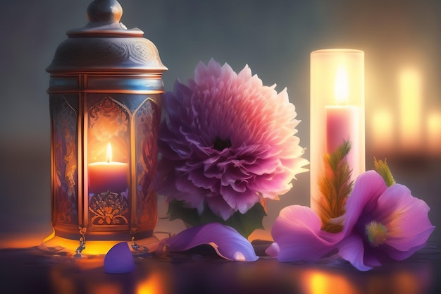 Świeca i świeca z fioletowym kwiatem