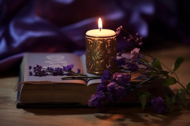 Świeca na książce z purpurowymi kwiatami na stole
