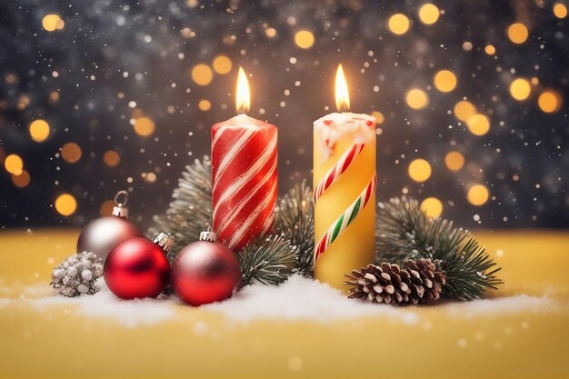 Zdjęcie Świeca świąteczna bombki świąteczne laski cukierków i gałęzie sosny z opadami śniegu