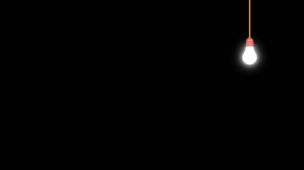 Świecąca biała żarówka wisi w ciemnym pokoju (renderowanie 3D)