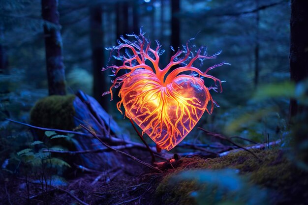 Świecąca bioluminescencyjna roślina w kształcie ludzkiego serca w tajemniczym lesie Generative AI