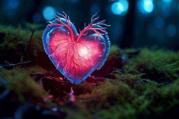 Świecąca bioluminescencyjna roślina w kształcie ludzkiego serca w tajemniczym lesie Generative AI