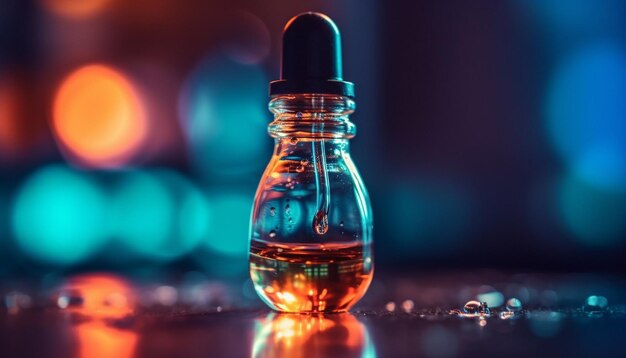 Świecąca butelka whisky na stole oświetlona na niebiesko wygenerowana przez sztuczną inteligencję