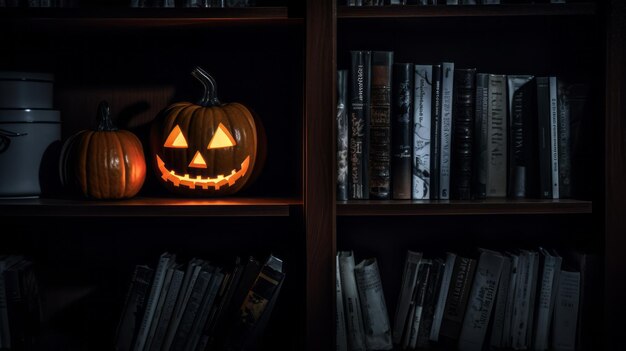 Świecąca dynia Halloween na półce w nocy Strach przed horrorem