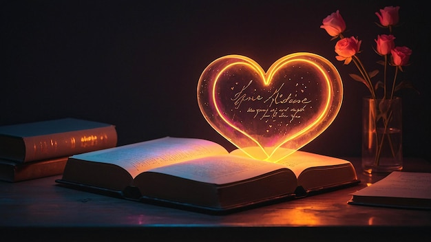 Świecąca lampa miłosna z otwartą książką Romantyczny i ciepły wygodny odcień w pokoju do czytania