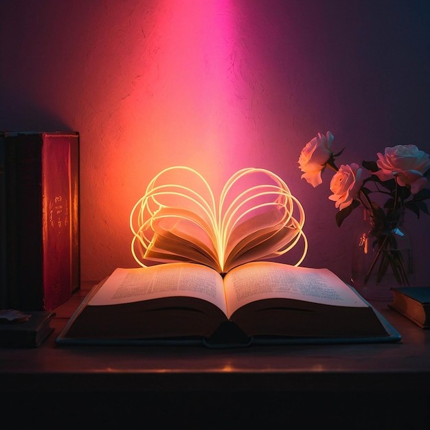 Świecąca lampa miłosna z otwartą książką Romantyczny i ciepły wygodny odcień w pokoju do czytania
