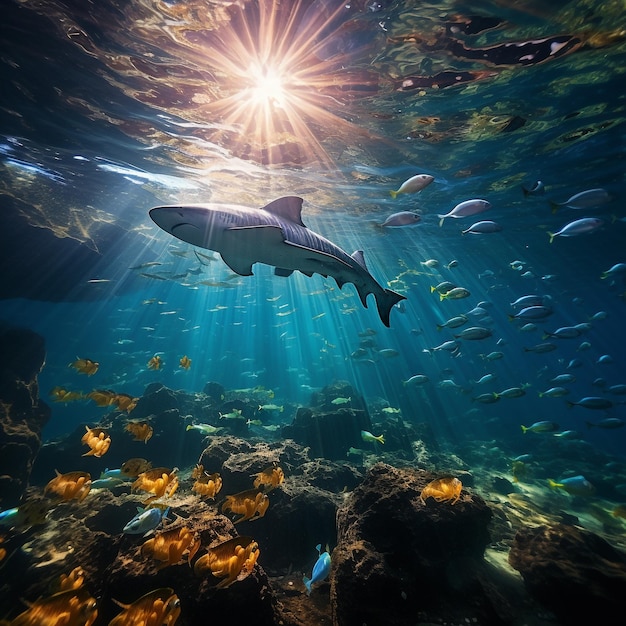 Świecąca podwodna czarująca scena oceaniczna z małymi rybkami i wielorybami