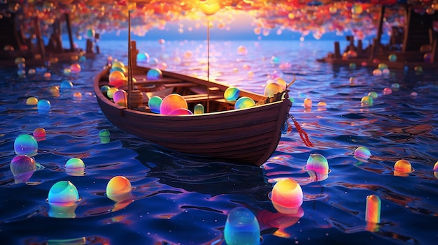 Świecąca scena oceaniczna z kolorowymi łodziami i perłami