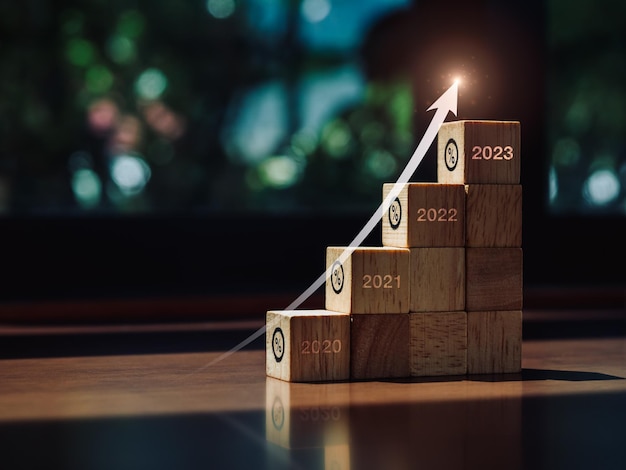 Świecąca strzałka w górę na drewnianych blokach kroków wykresu z ikonami procentowymi od roku 2020 do 2023 na drewnianym biurku biznesowy proces inwestycyjny i sukces ekonomiczny koncepcja poprawy i trendów wzrostu