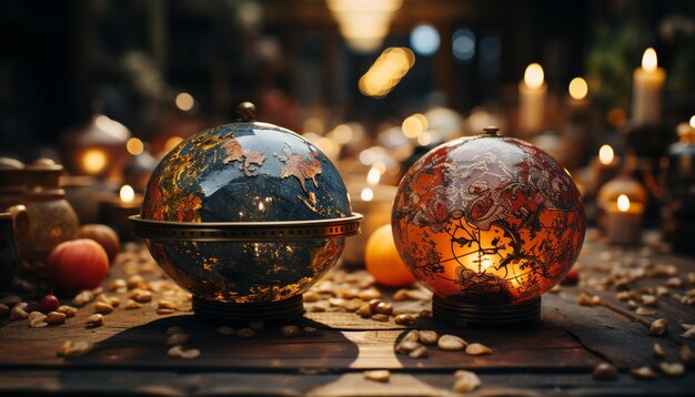 Zdjęcie Świecąca świeca oświetla rustykalny stół podczas obchodów halloween generowanych przez sztuczną inteligencję