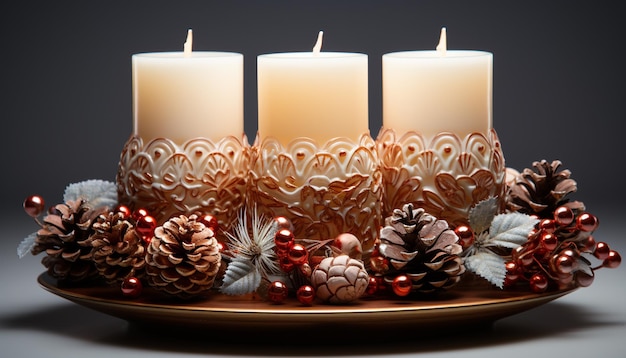 Zdjęcie Świecąca świeca oświetla zimową uroczystość symbolizującą ciepło i romans generowany przez sztuczną inteligencję