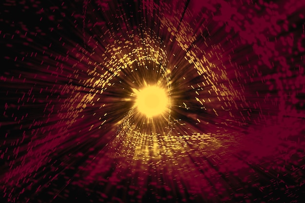 Zdjęcie Świecące cząsteczki złota pędzą do przodu i znikają na ciemnoczerwonym tle